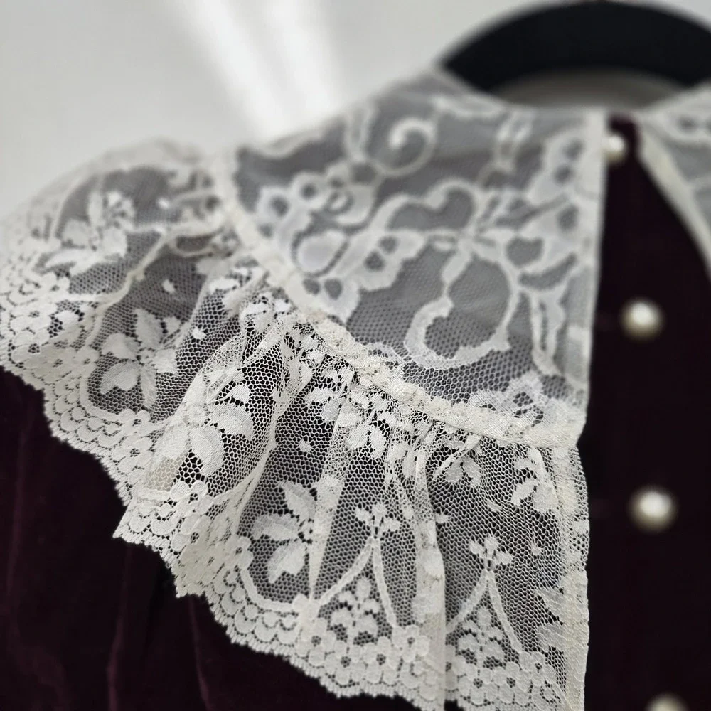 Vintage Sarah Kent Victorian Maroon Ivory Velvet Dress Lace‎ Girls Size 6 Bow